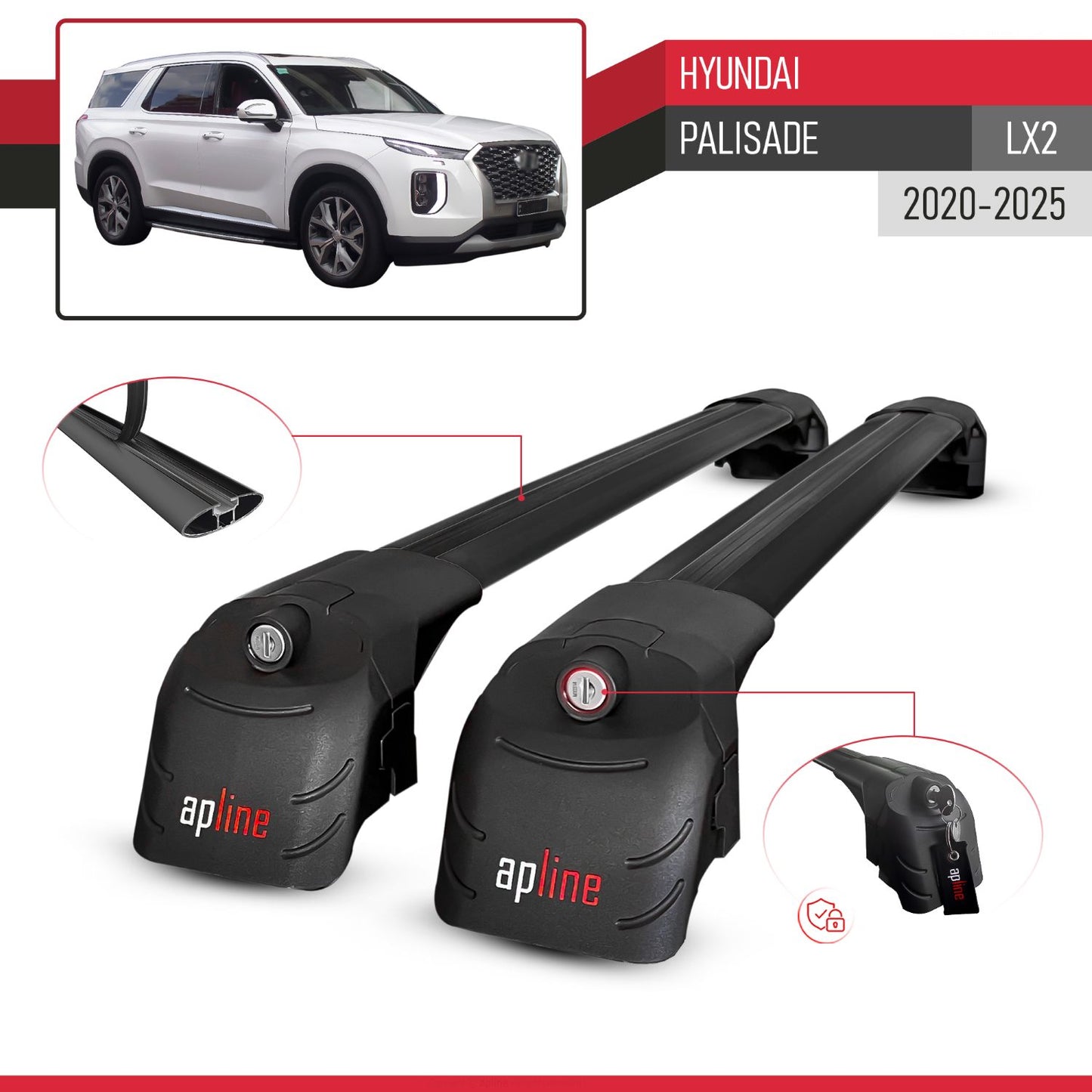 Compatible with Hyundai Palisade (LX2) 2020-2025 ACE-2 Car Roof Rack Cross Bar Black Aluminium 2 Bars
