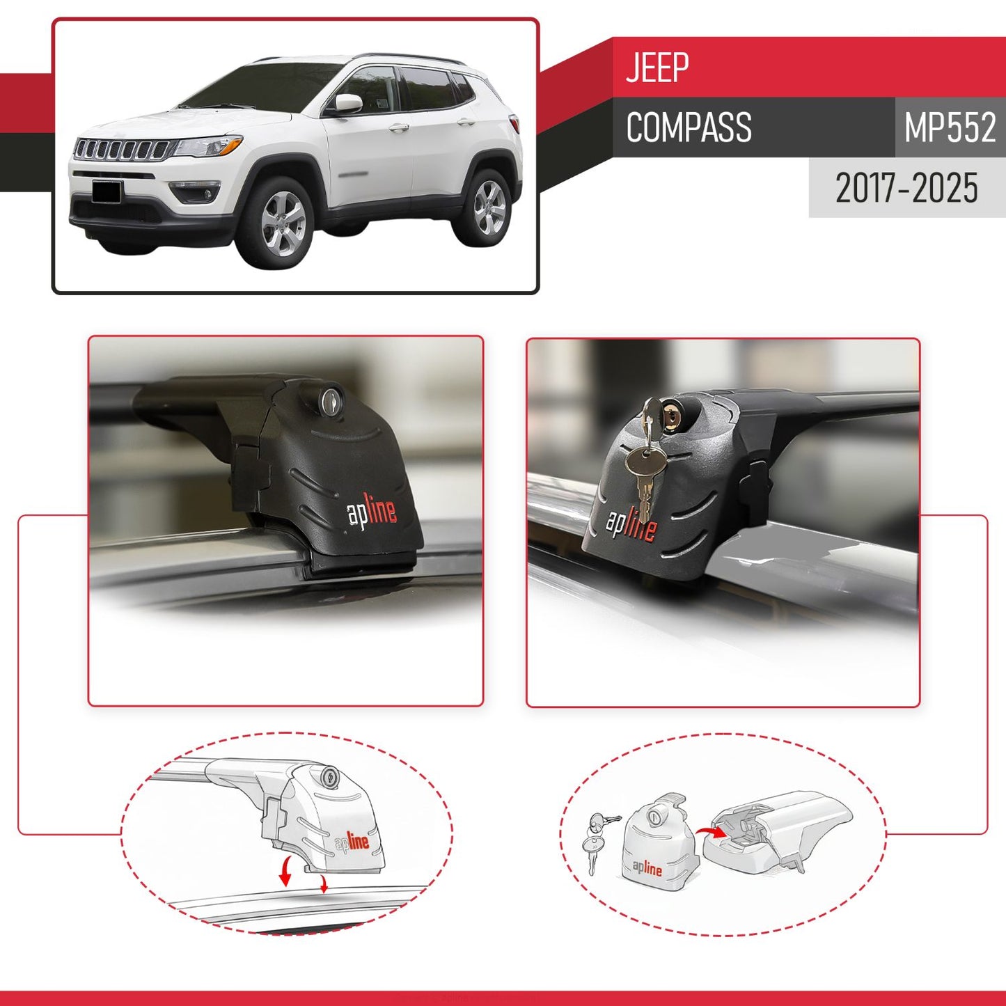Compatible avec Jeep Compass (MP552) 2017-2025 ACE-2 modèle Barres de Toit Railing Porte-Bagages de Voiture Noir Aluminium Barres