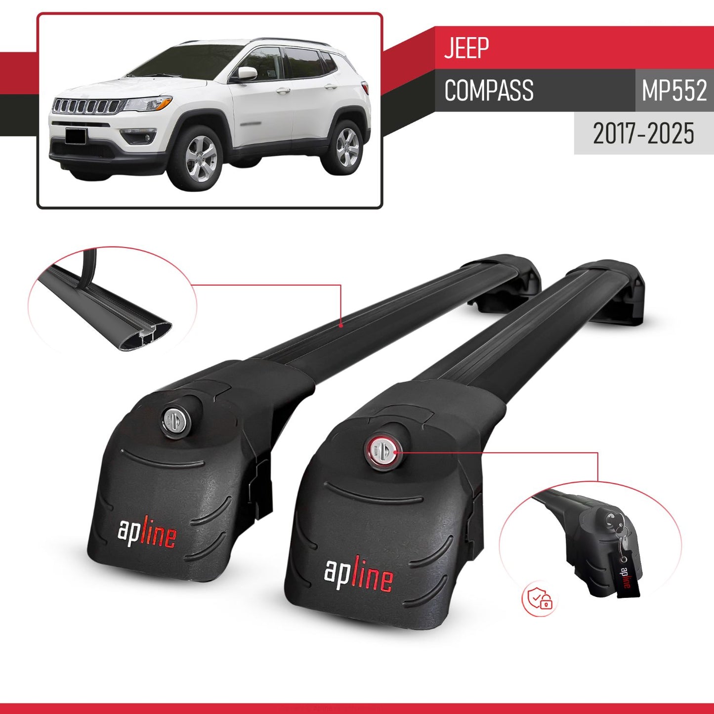 Compatible avec Jeep Compass (MP552) 2017-2025 ACE-2 modèle Barres de Toit Railing Porte-Bagages de Voiture Noir Aluminium Barres