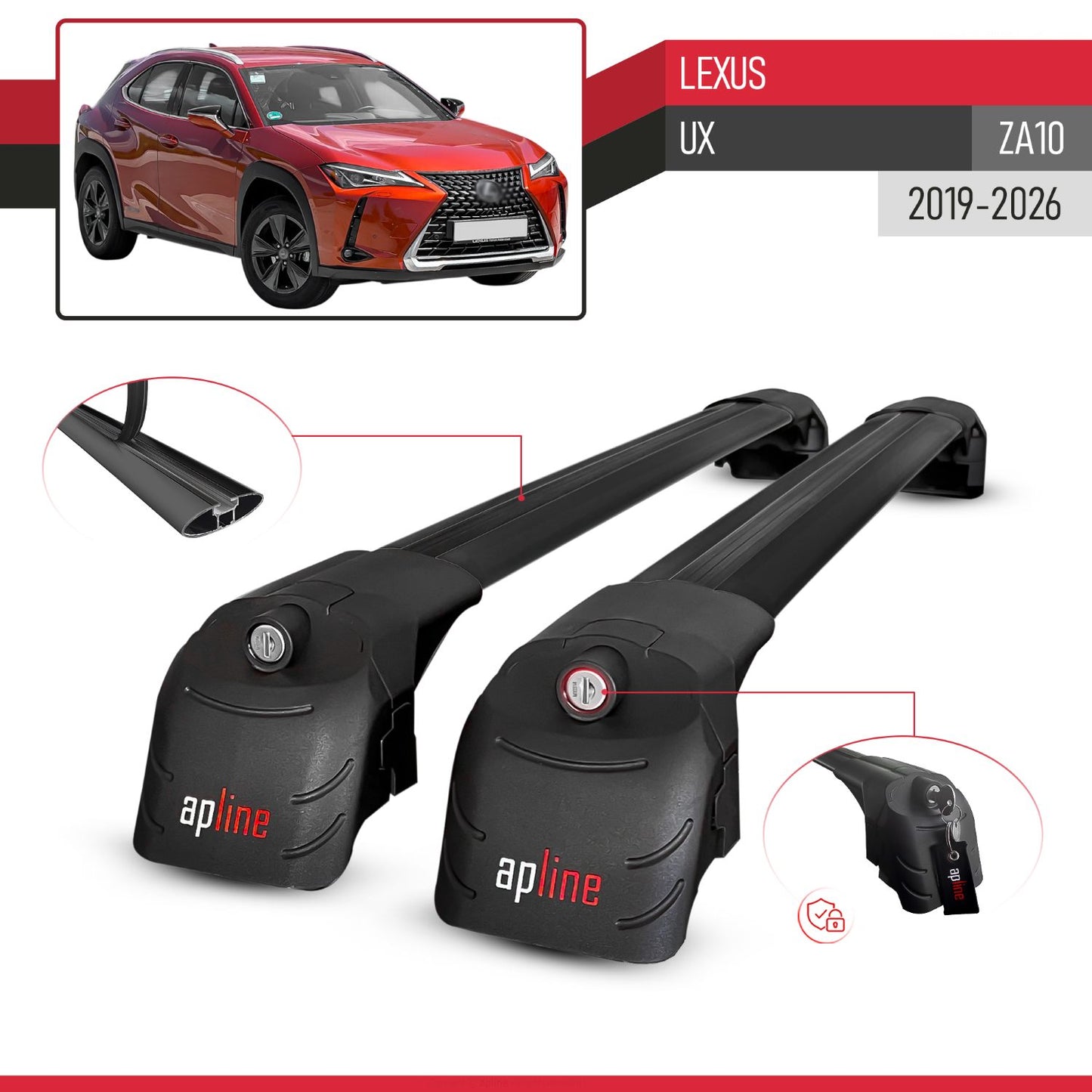Compatible with Lexus UX (ZA10) 2019-2025 ACE-2 Car Roof Rack Cross Bar Black Aluminium 2 Bars
