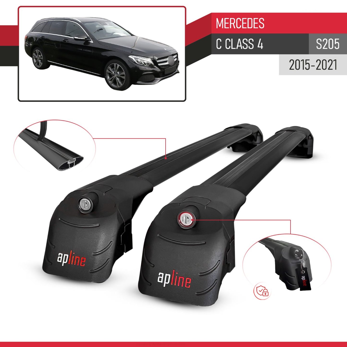 Compatible with Mercedes C Class 4 (S205) 2015-2021 ACE-2 Car Roof Rack Cross Bar Black Aluminium 2 Bars