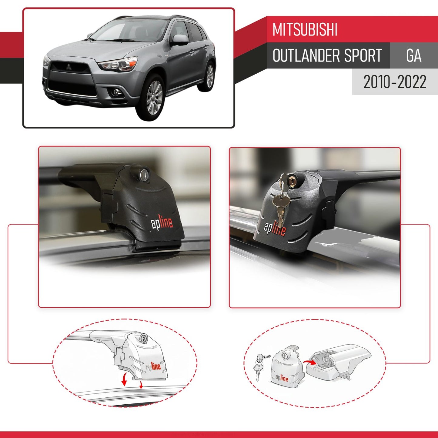 Compatible avec Mitsubishi Outlander Sport (GA) 2010-2022 ACE-2 modèle Barres de Toit Railing Porte-Bagages de Voiture Noir Aluminium Barres