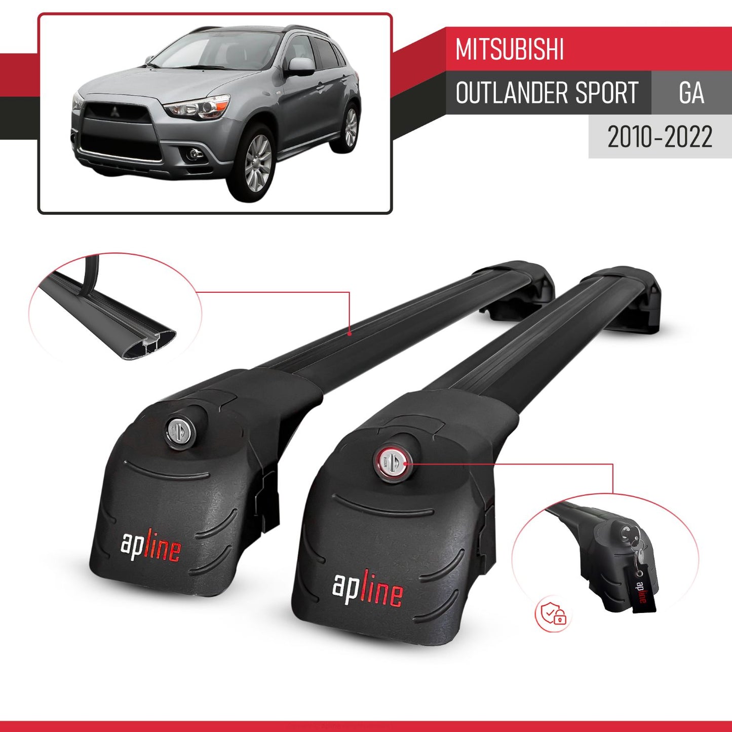 Compatible avec Mitsubishi Outlander Sport (GA) 2010-2022 ACE-2 modèle Barres de Toit Railing Porte-Bagages de Voiture Noir Aluminium Barres