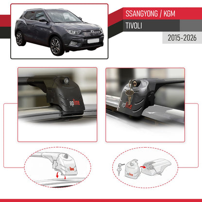 Compatible with Ssangyong Tivoli 2015-2025 ACE-2 Car Roof Rack Cross Bar Black Aluminium 2 Bars