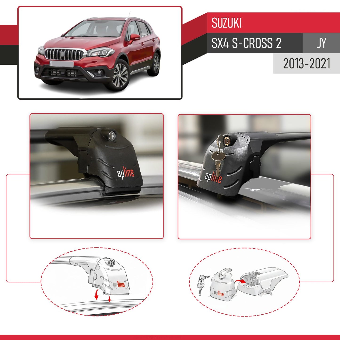 Compatible with Suzuki SX4 S-Cross 3 (JYB) 2013-2021 ACE-2 Car Roof Rack Cross Bar Black Aluminium 2 Bars