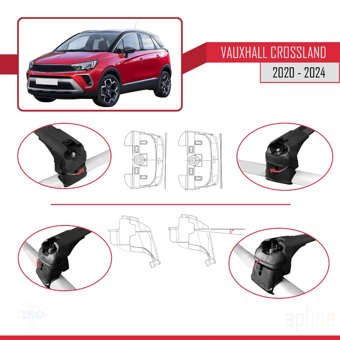 Compatible avec Vauxhall Crossland 2020-2024 ACE-2 Barres de Toit Railing Porte-Bagages de Voiture Noir Aluminium 2 Barres