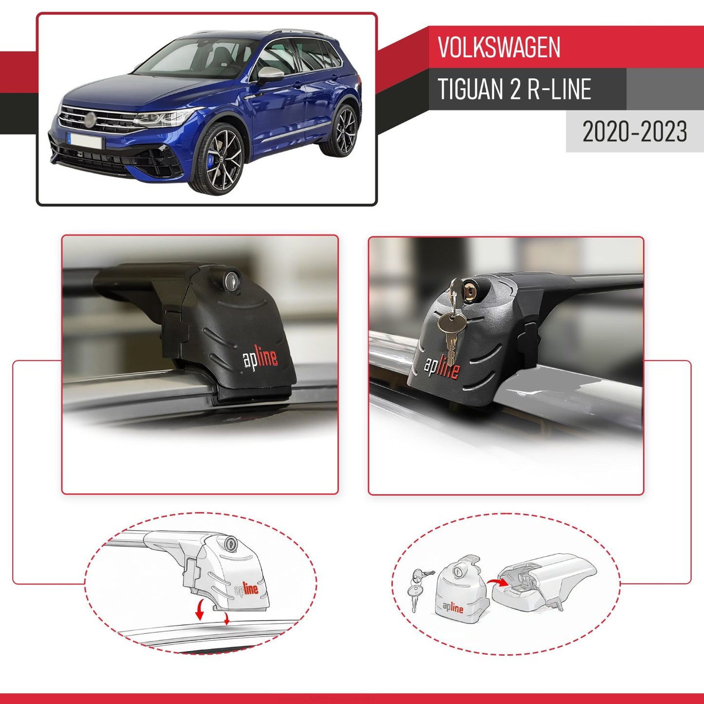 Compatible avec Volkswagen Tiguan 2 R-Line Post-Facelift 2020-2023 ACE-2 modèle Barres de Toit Railing Porte-Bagages de Voiture Noir Aluminium Barres
