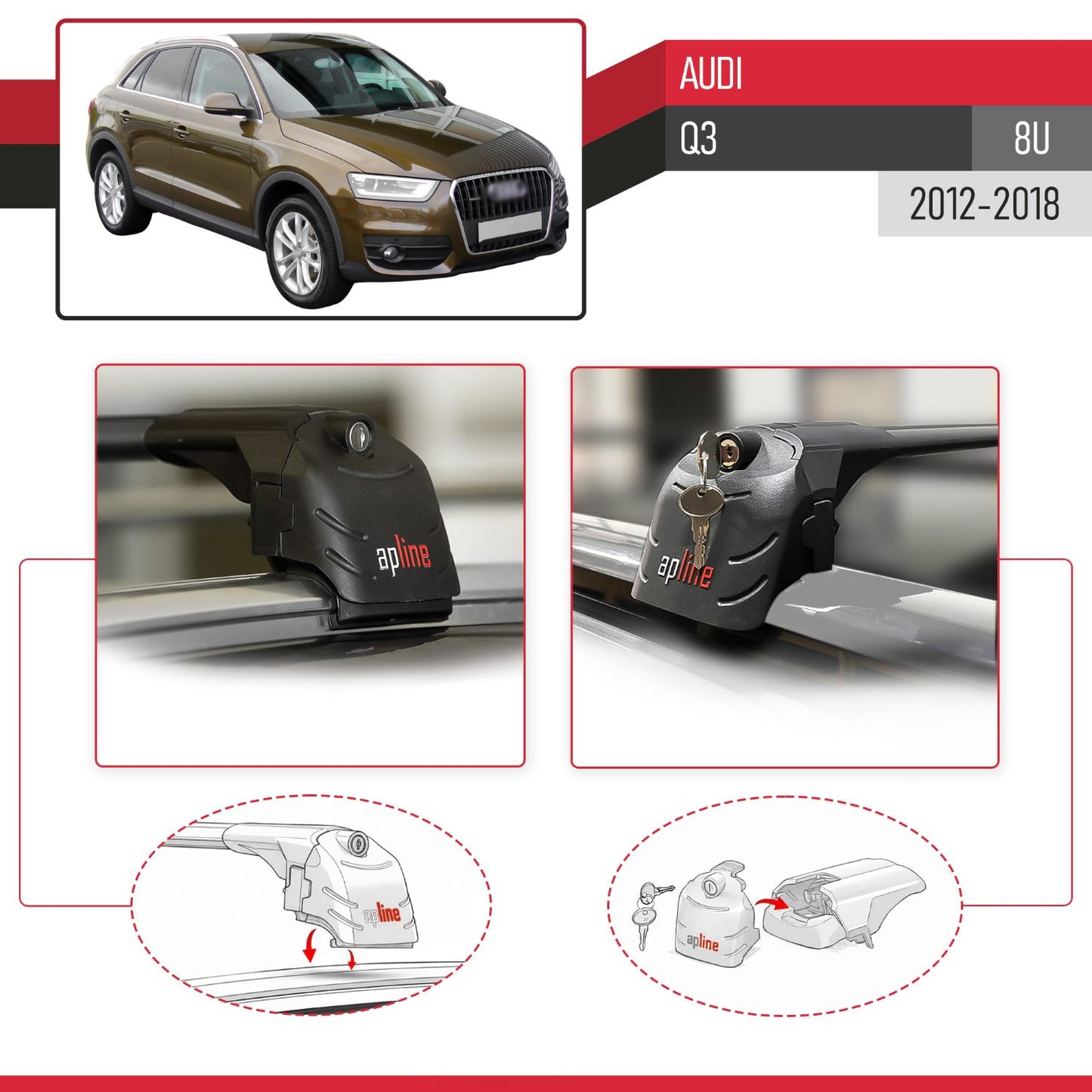 Compatible with Q3 (8U) 2012-2018 ACE-2 Car Roof Rack Cross Bar Black Aluminium 2 Bars