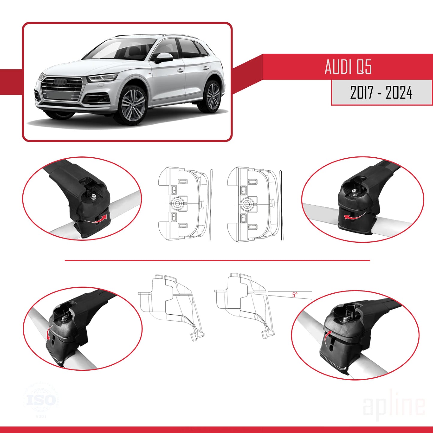 Compatible avec Q5 (FY) 2017-2024 ACE-2 Barres de Toit Railing Porte-Bagages de Voiture Noir Aluminium 2 Barres