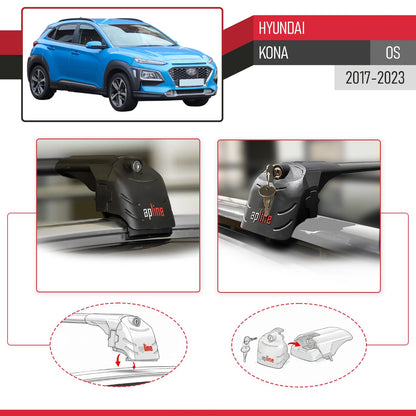 Compatible avec Hyundai Kona (OS) 2017-2023 ACE-2 modèle Barres de Toit Railing Porte-Bagages de Voiture Noir Aluminium Barres