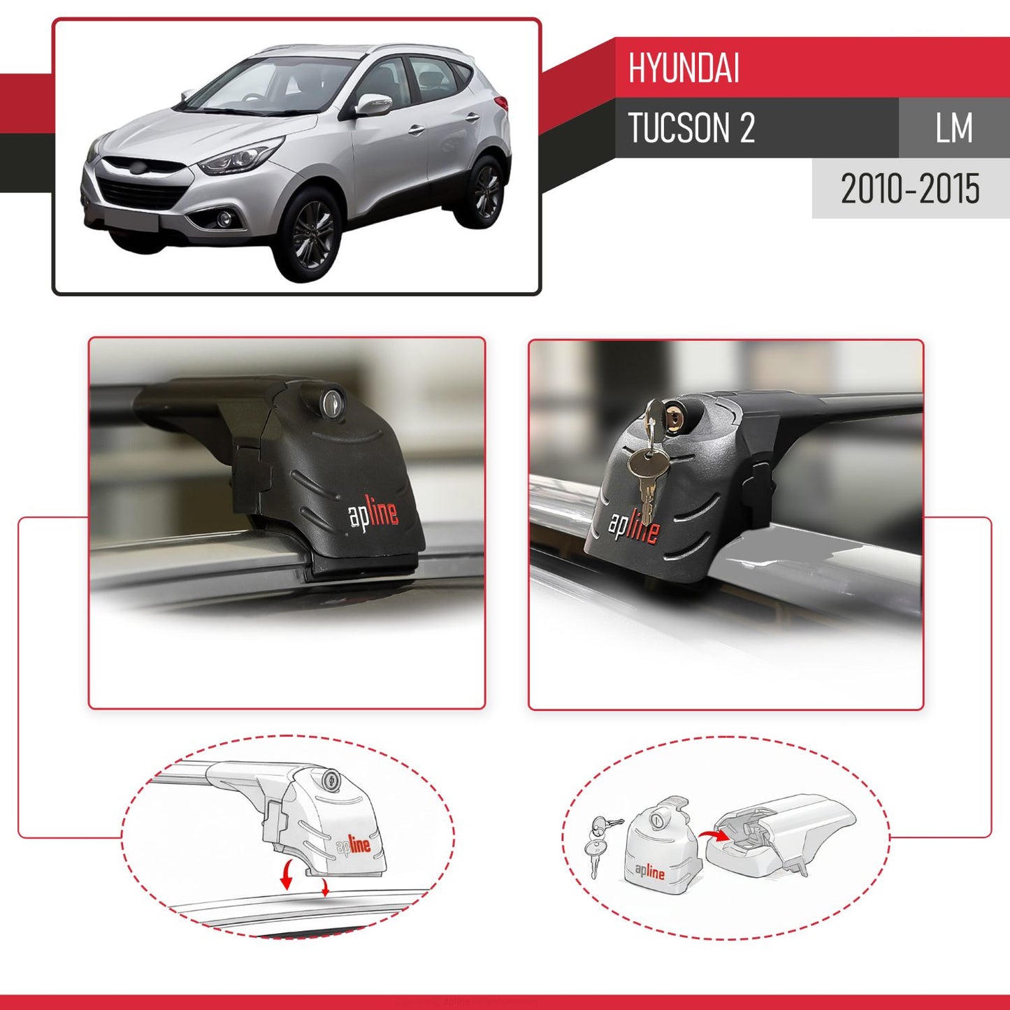 Compatible avec Hyundai Tucson 2 (LM) 2010-2015 ACE-2 modèle Barres de Toit Railing Porte-Bagages de Voiture Noir Aluminium Barres