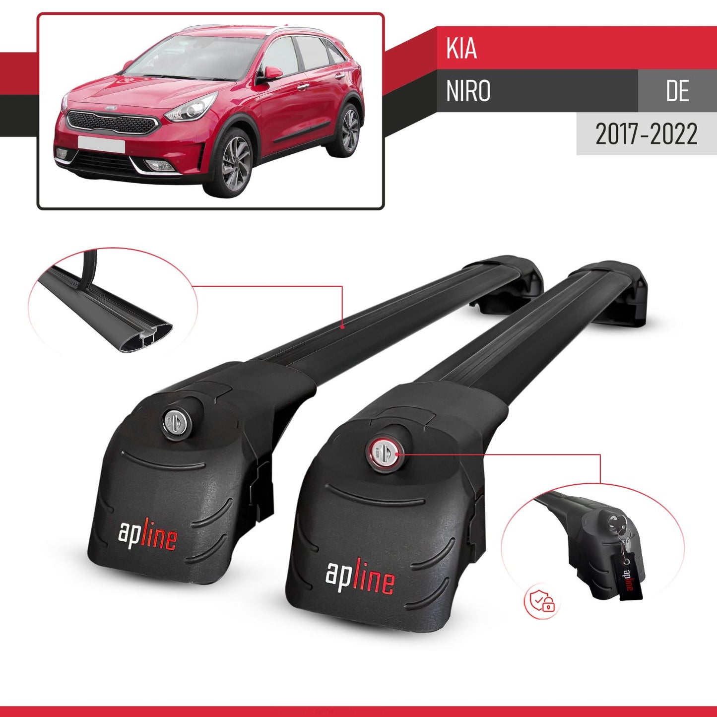 Compatible with Kia Niro (DE) 2017-2022 ACE-2 Car Roof Rack Cross Bar Black Aluminium 2 Bars