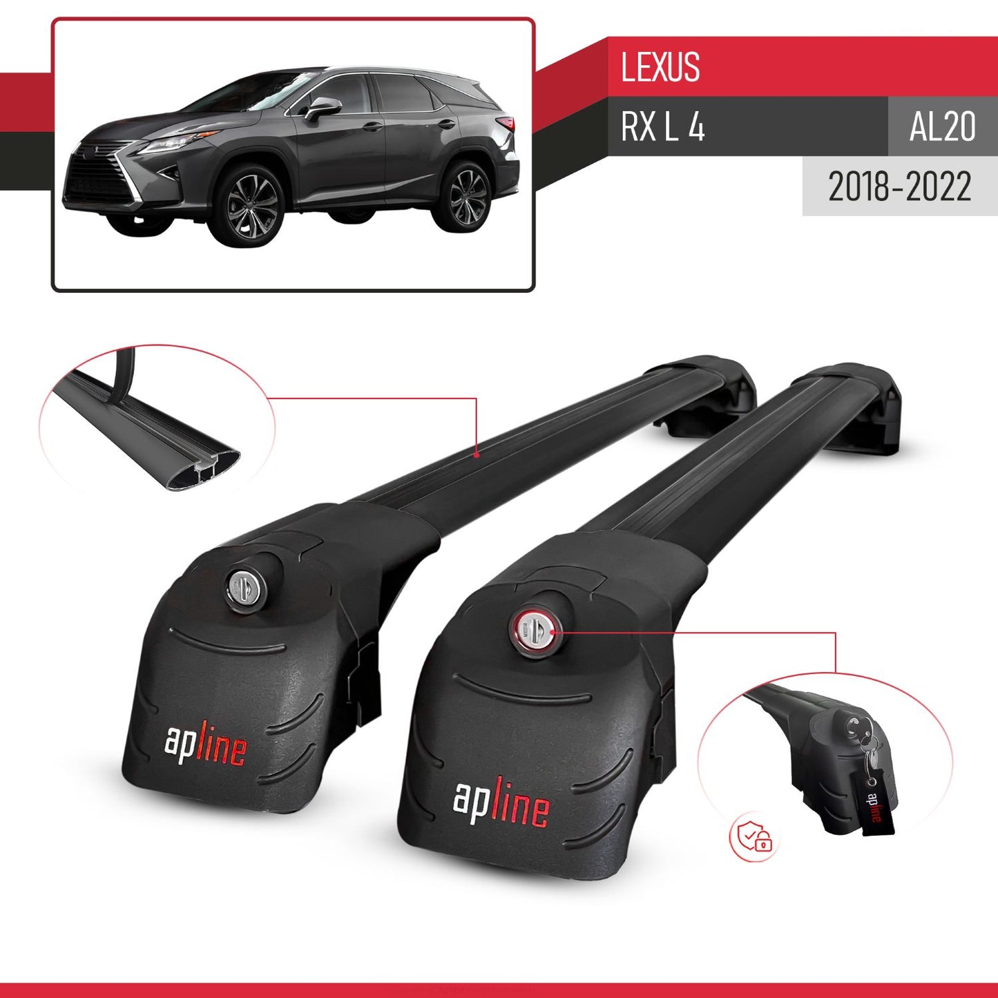 Compatible with Lexus RX 4 L (AL20) 2018-2022 ACE-2 Car Roof Rack Cross Bar Black Aluminium 2 Bars