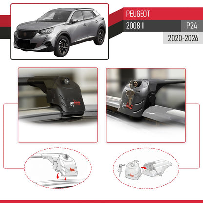Compatible with Peugeot 2008 II (P24) 2020-2025 ACE-2 Car Roof Rack Cross Bar Black Aluminium 2 Bars