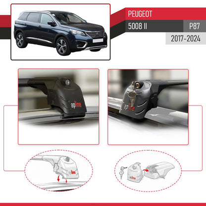 Compatible avec Peugeot 5008 II (P87) 2017-2024 ACE-2 modèle Barres de Toit Railing Porte-Bagages de Voiture Noir Aluminium Barres