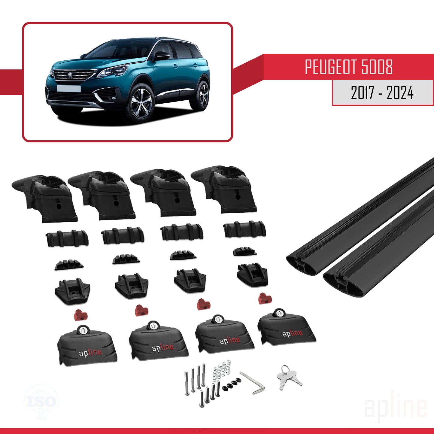 Compatible with Peugeot 5008 II (P87) 2017-2024 ACE-2 Car Roof Rack Cross Bar Black Aluminium 2 Bars