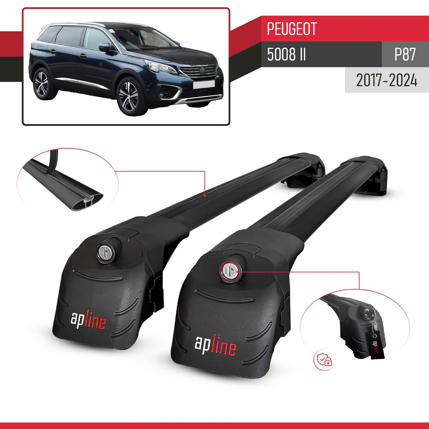 Compatible avec Peugeot 5008 II (P87) 2017-2024 ACE-2 modèle Barres de Toit Railing Porte-Bagages de Voiture Noir Aluminium Barres