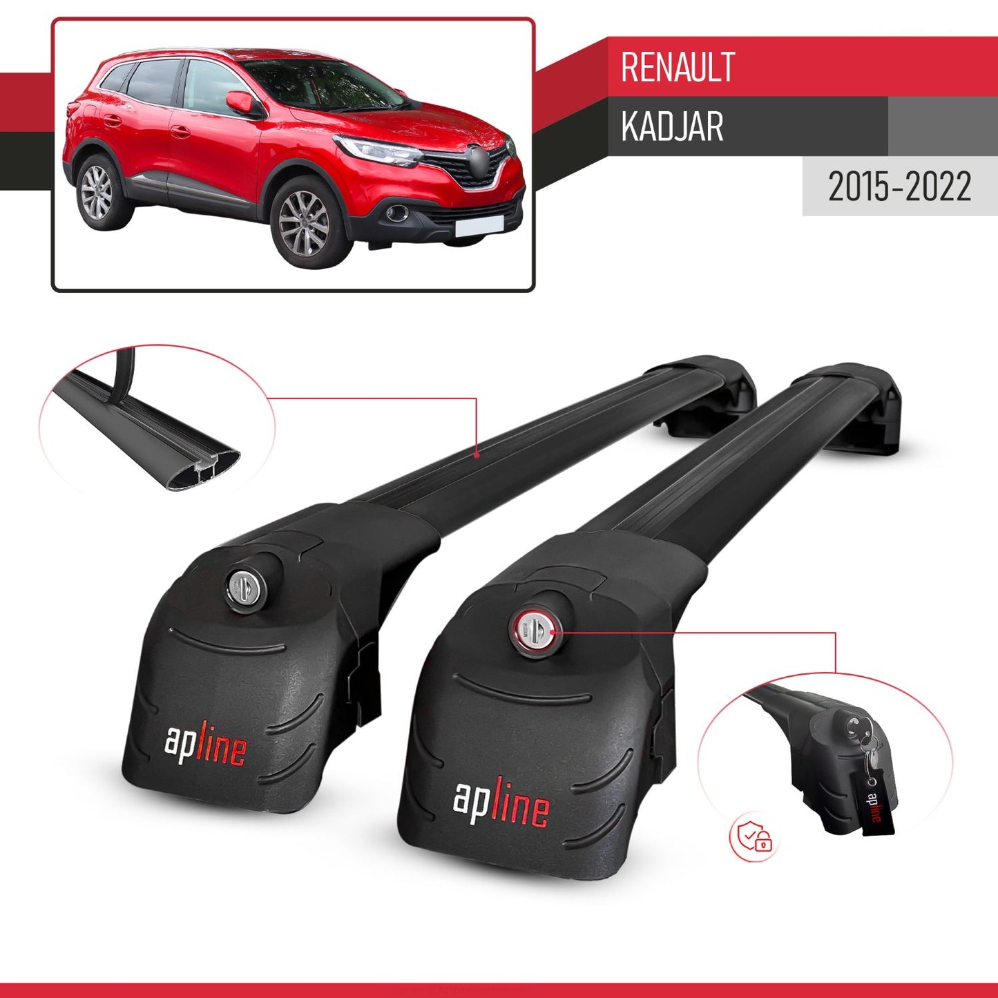Compatible with Renault Kadjar 2015-2022 ACE-2 Car Roof Rack Cross Bar Black Aluminium 2 Bars