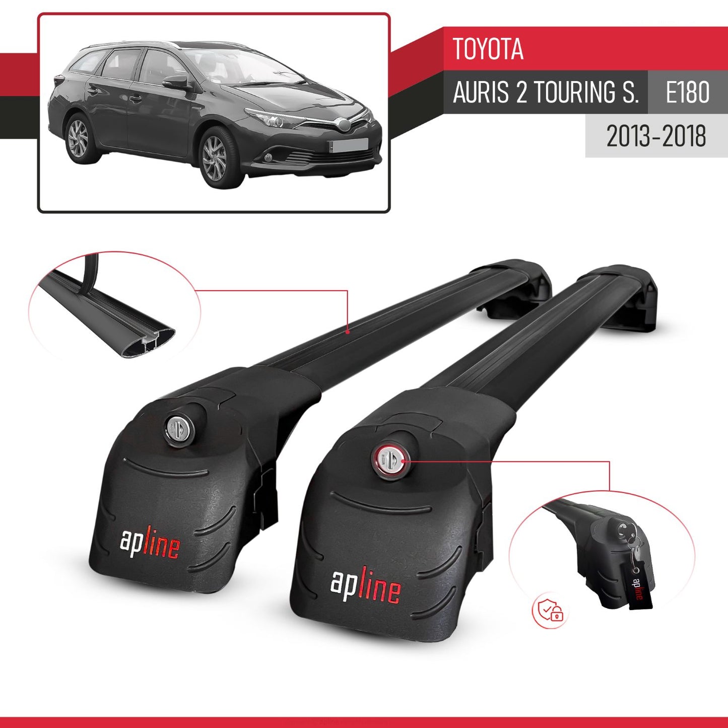 Compatible with Toyota Auris 2 (E180) Touring Sports 2013-2018 ACE-2 Car Roof Rack Cross Bar Black Aluminium 2 Bars