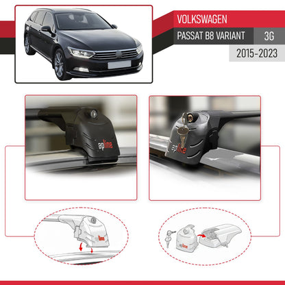 Compatible with Volkswagen Passat B8 (3G) Variant 2015-2023 ACE-2 Car Roof Rack Cross Bar Black Aluminium 2 Bars