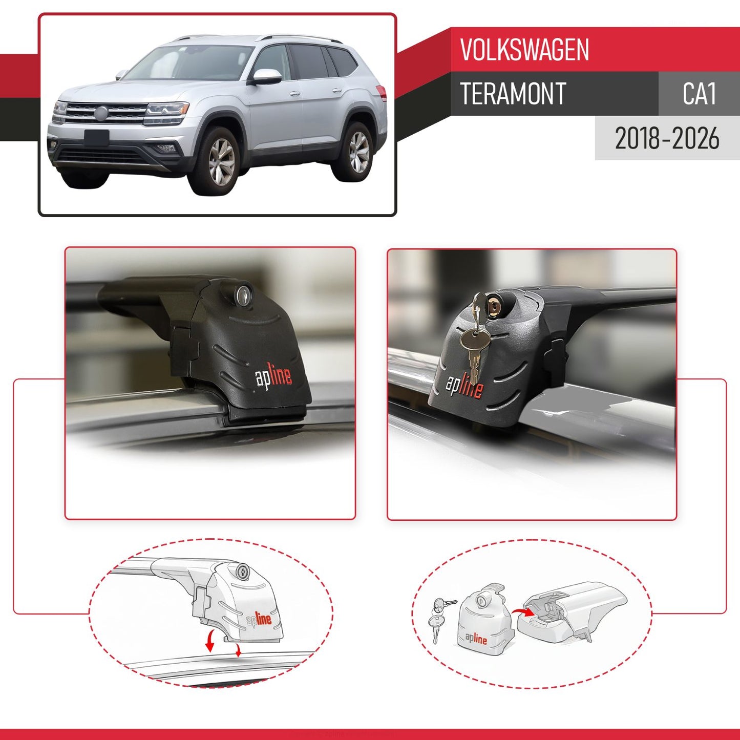 Compatible with Volkswagen Teramont (CA1) 2018-2024 ACE-2 Car Roof Rack Cross Bar Black Aluminium 2 Bars
