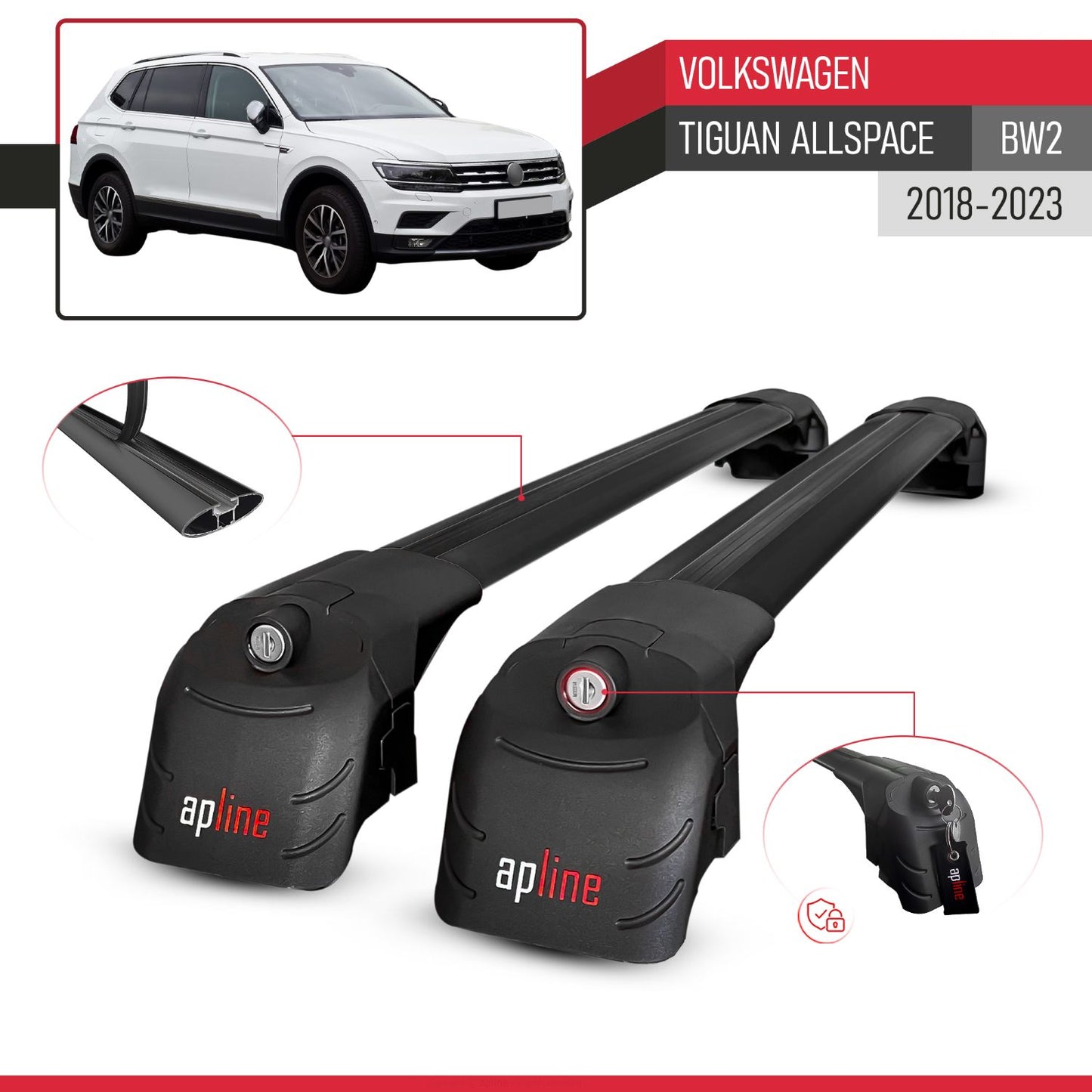 Compatible avec Volkswagen Tiguan Allspace (BW2) 2018-2023 ACE-2 modèle Barres de Toit Railing Porte-Bagages de Voiture Noir Aluminium Barres