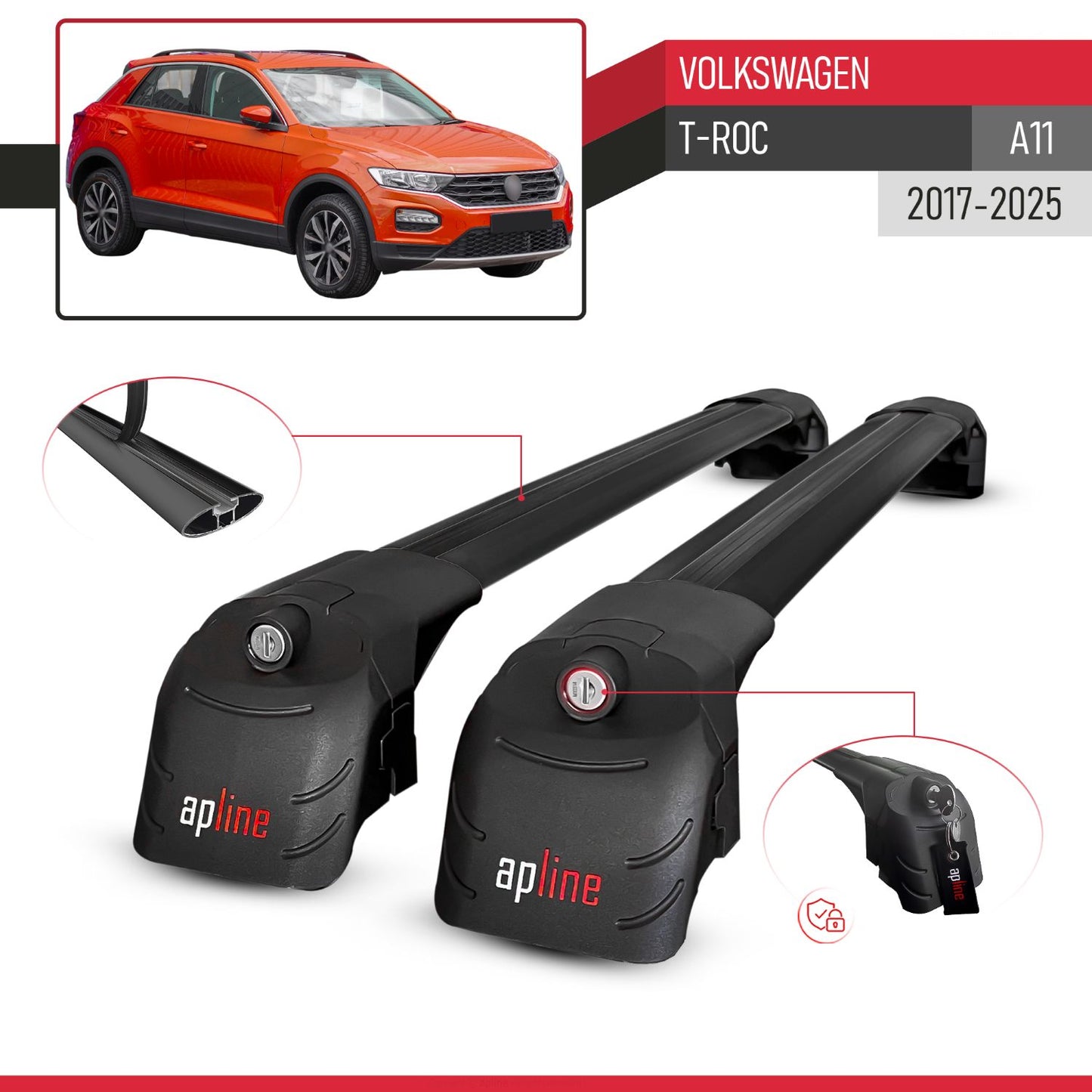 Compatible with Volkswagen T-Roc 2017-2025 ACE-2 Car Roof Rack Cross Bar Black Aluminium 2 Bars