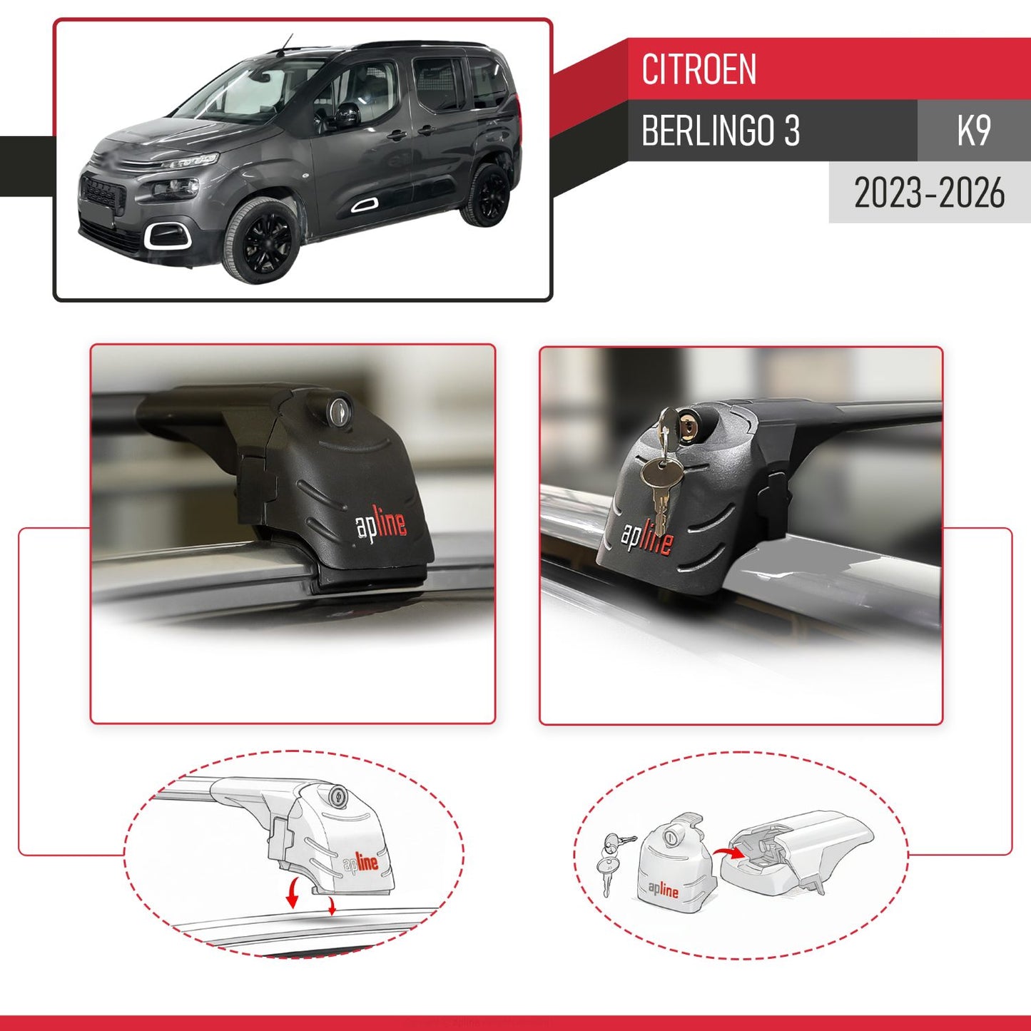 Compatible avec Citroen Berlingo 3 (K9) 2023-2026 ACE-2 modèle Barres de Toit Railing Porte-Bagages de Voiture Noir Aluminium Barres