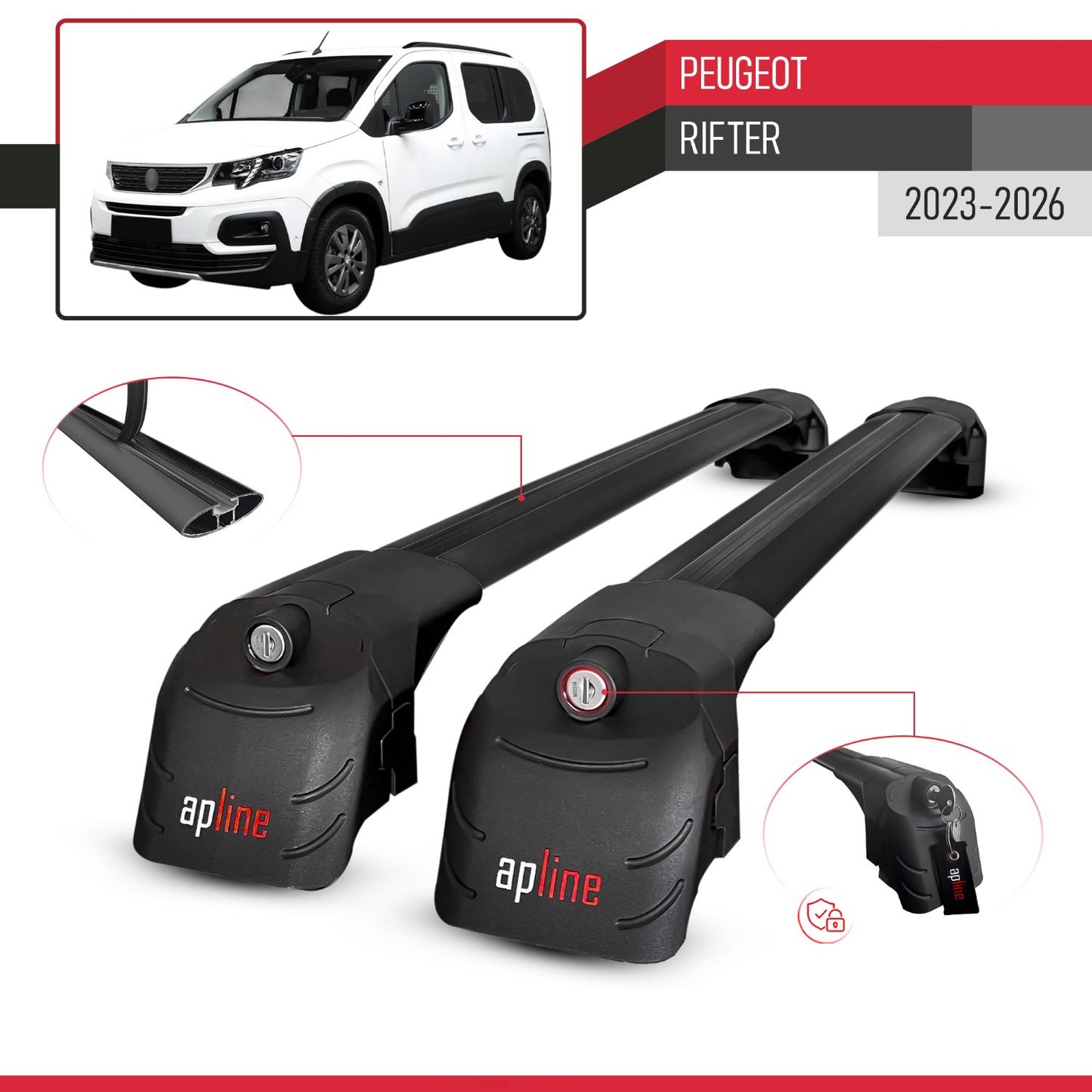 Compatible avec Peugeot Rifter 2023-2026 ACE-2 modèle Barres de Toit Railing Porte-Bagages de Voiture Noir Aluminium Barres