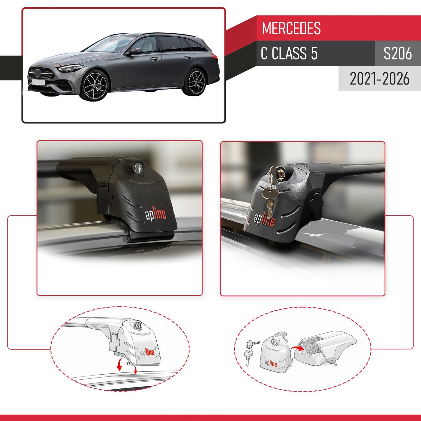 Compatible avec Mercedes C Class 5 (S206) 2021-2026 ACE-2 modèle Barres de Toit Railing Porte-Bagages de Voiture Noir Aluminium Barres