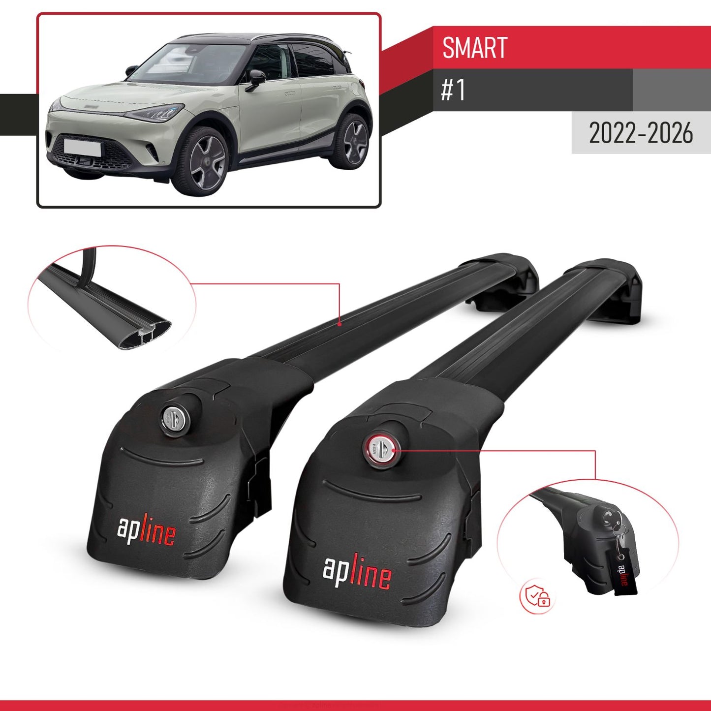 Compatible with Smart #1 2022-2024 ACE-2 Car Roof Rack Cross Bar Black Aluminium 2 Bars