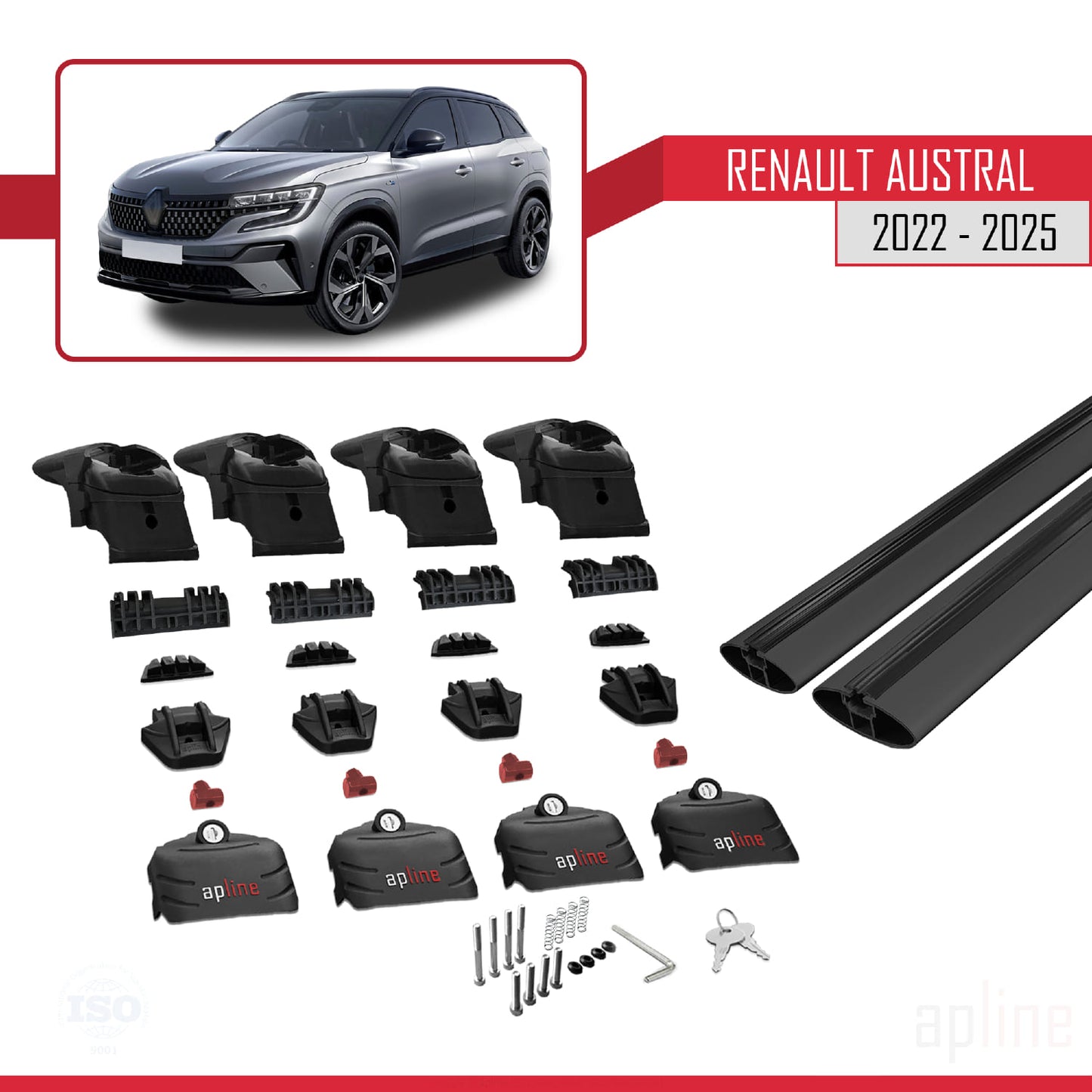 Compatible avec Renault Austral (RHN) 2022-2025 ACE-2 Barres de Toit Railing Porte-Bagages de Voiture Noir Aluminium 2 Barres