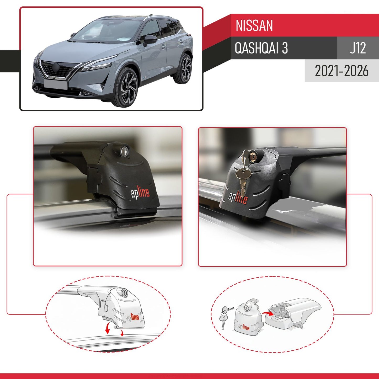 Compatible with Nissan Qashqai 3 (J12) 2022-2025 ACE-2 Car Roof Rack Cross Bar Black Aluminium 2 Bars