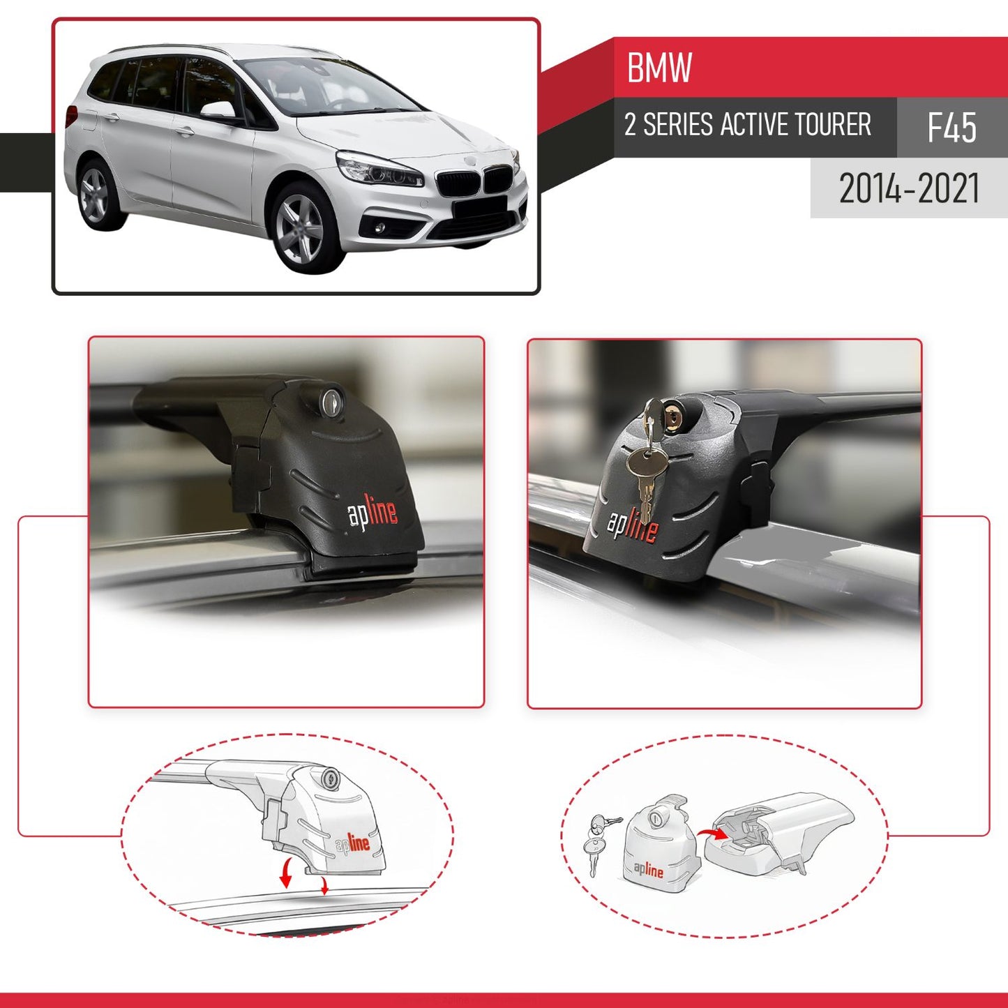 Compatible with BMW 2 Series (F45) Active Tourer 2014-2021 ACE-2 Car Roof Rack Cross Bar Black Aluminium 2 Bars