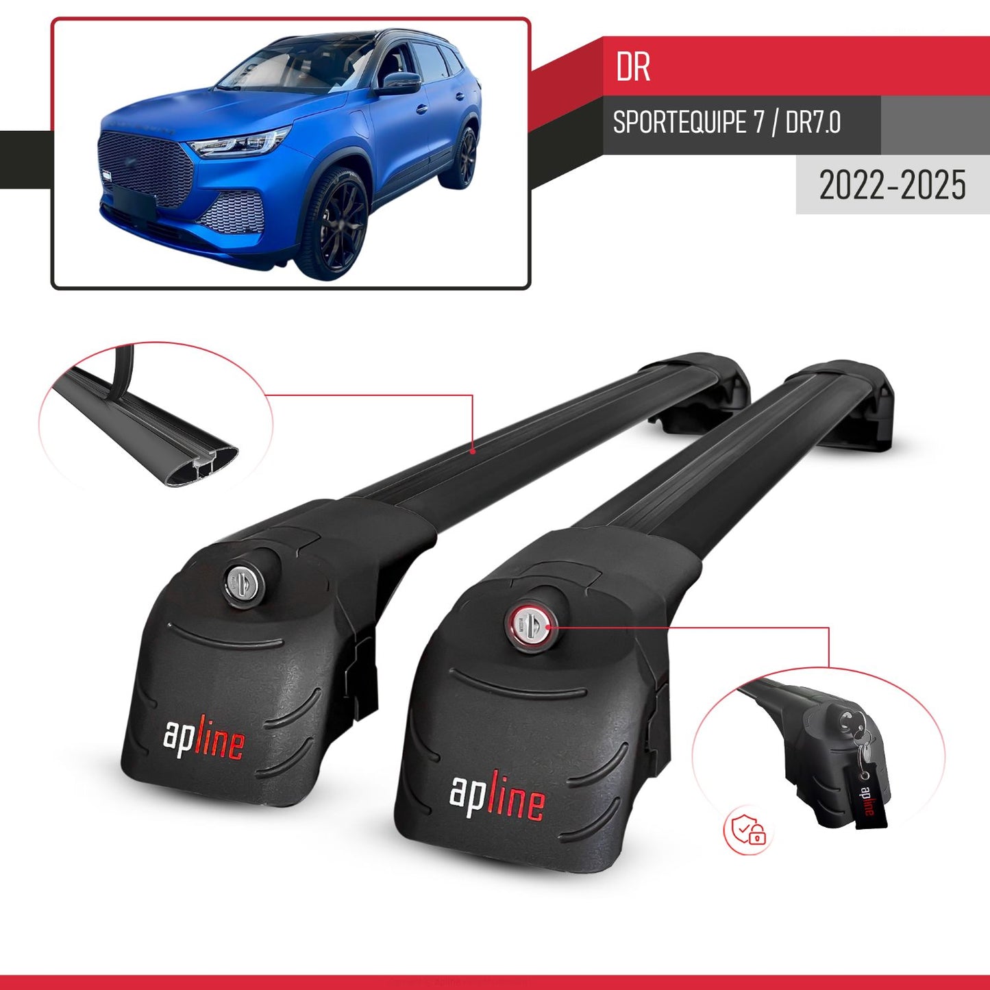 Compatible with DR 7.0 Sportequipe 7 (It) 2023-2025 ACE-2 Car Roof Rack Cross Bar Black Aluminium 2 Bars