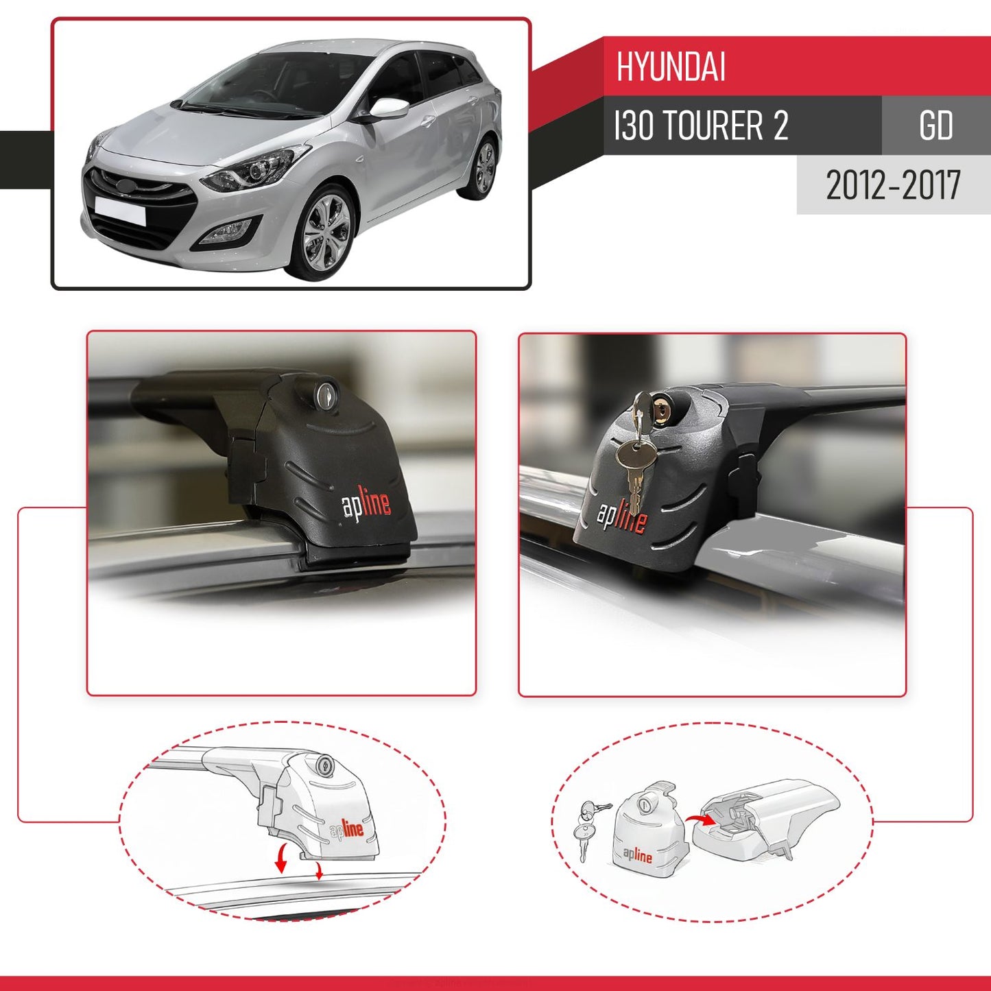 Compatible with Hyundai i30 2 (GD) Tourer 2012-2016 ACE-2 Car Roof Rack Cross Bar Black Aluminium 2 Bars