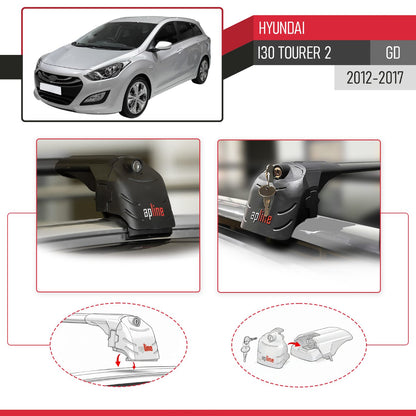 Compatible with Hyundai i30 2 (GD) Tourer 2012-2016 ACE-2 Car Roof Rack Cross Bar Black Aluminium 2 Bars