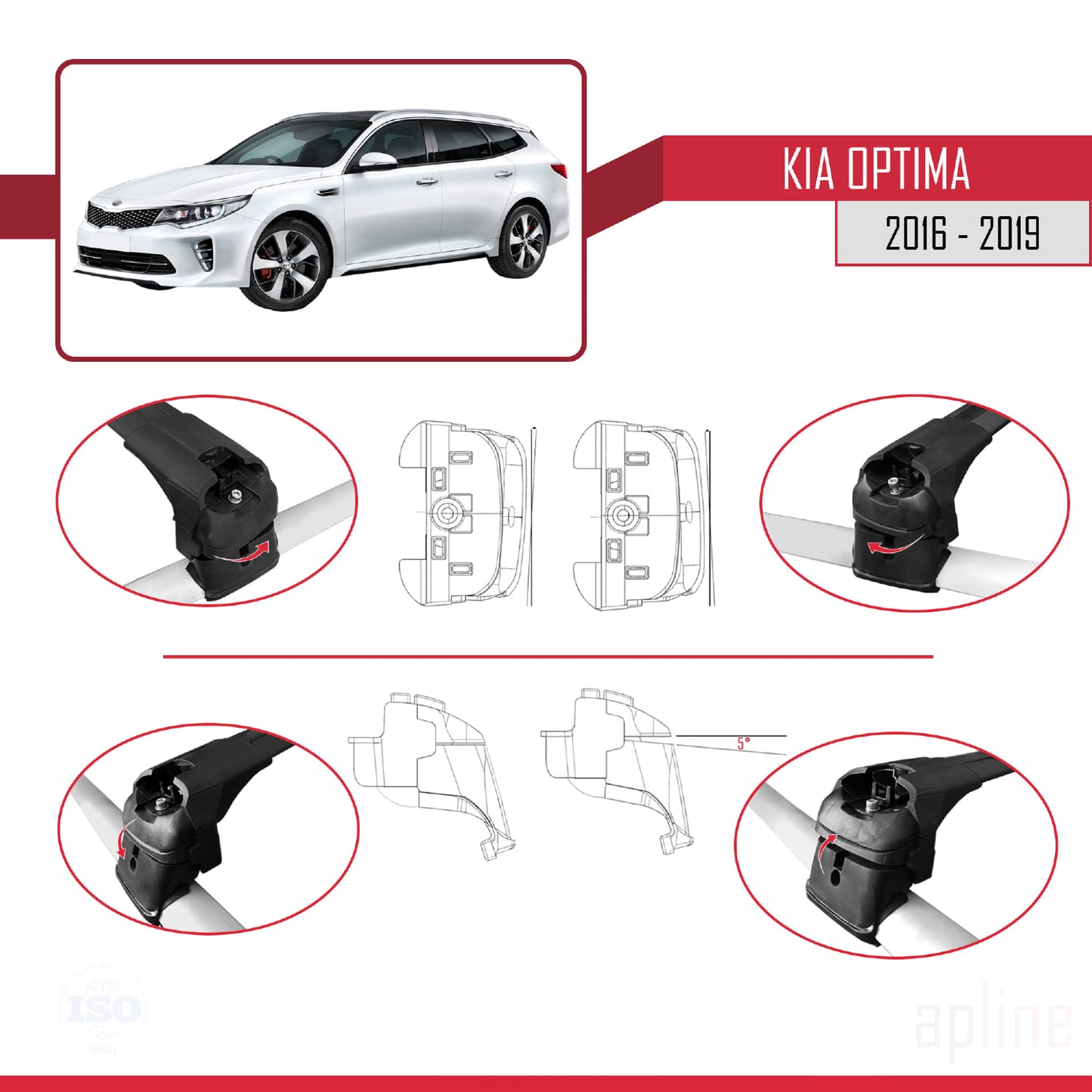 Compatible avec Kia Optima (JF) Break 2016-2019 ACE-2 Barres de Toit Railing Porte-Bagages de Voiture Noir Aluminium 2 Barres