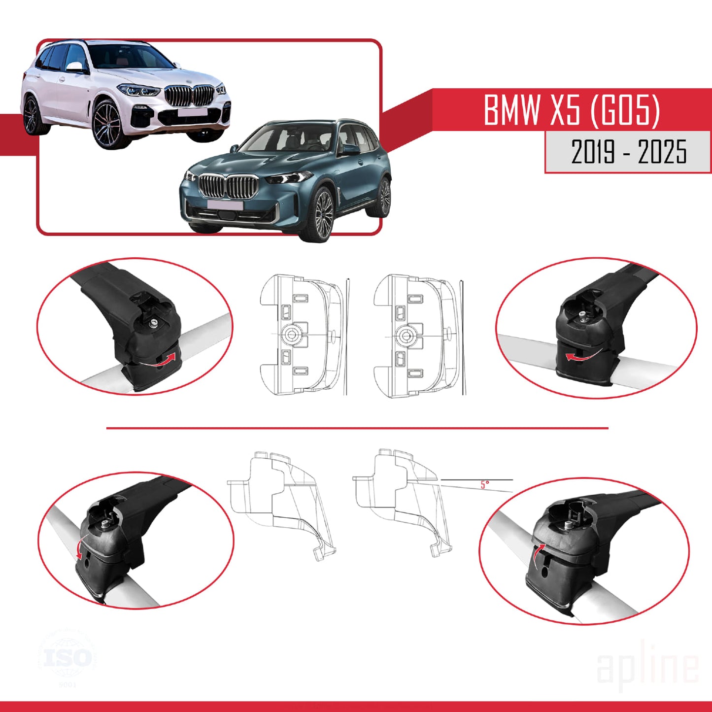 Compatible avec BMW X5 (G05) 2019-2025 ACE-2 Barres de Toit Railing Porte-Bagages de Voiture Noir Aluminium 2 Barres