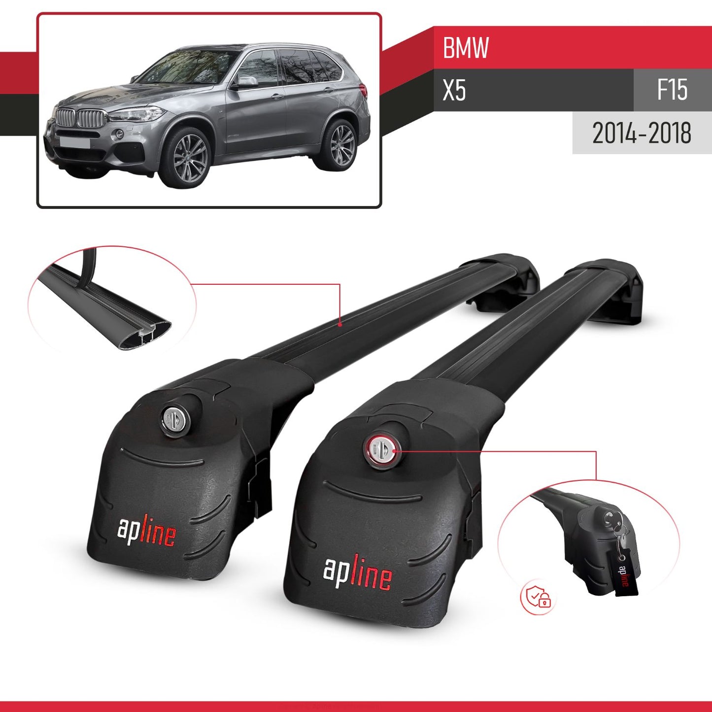 Compatible with BMW X5 (F15) 2014-2018 ACE-2 Car Roof Rack Cross Bar Black Aluminium 2 Bars