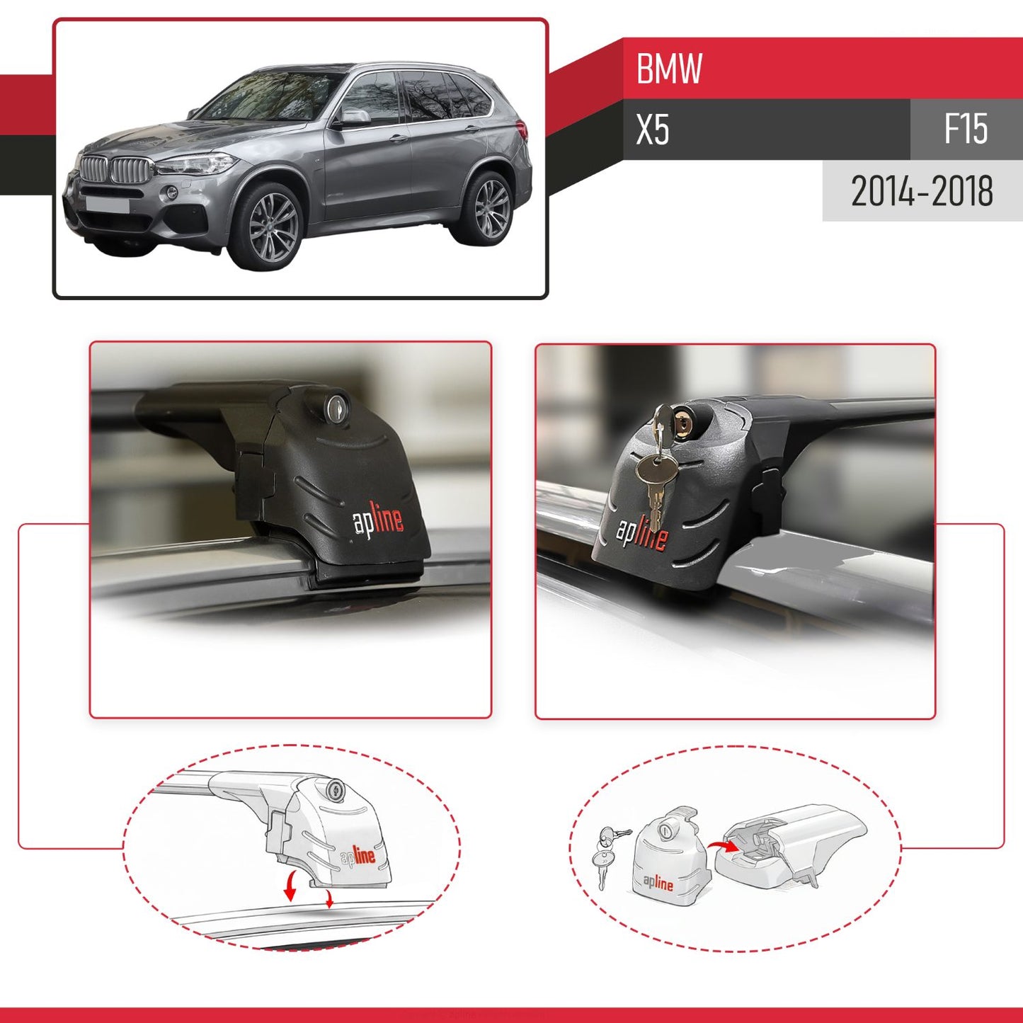 Compatible with BMW X5 (F15) 2014-2018 ACE-2 Car Roof Rack Cross Bar Black Aluminium 2 Bars