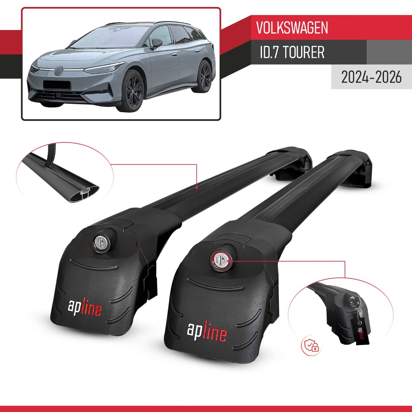 Compatible avec Volkswagen ID.7 Tourer 2024-2026 ACE-2 modèle Barres de Toit Railing Porte-Bagages de Voiture Noir Aluminium Barres