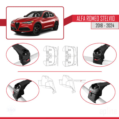 Compatible avec Alfa Romeo Stelvio 2018-2024 ACE-2 Barres de Toit Railing Porte-Bagages de Voiture Noir Aluminium 2 Barres