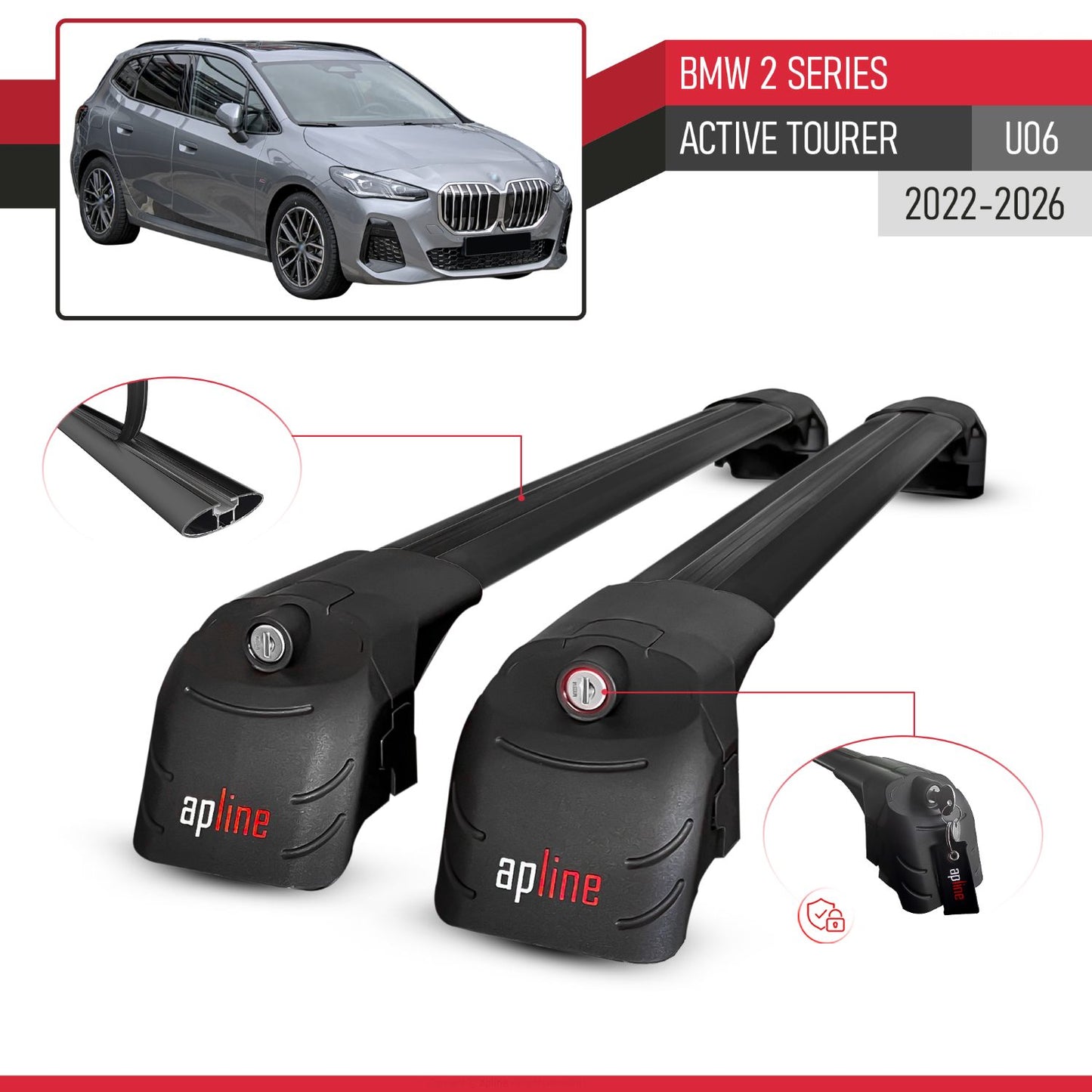 Compatible with BMW 2 Series Active Tourer 2022-2024 ACE-2 Car Roof Rack Cross Bar Black Aluminium 2 Bars