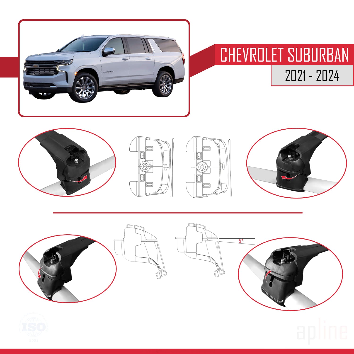 Compatible avec Chevrolet Suburban 2021-2024 ACE-2 Barres de Toit Railing Porte-Bagages de Voiture Noir Aluminium 2 Barres