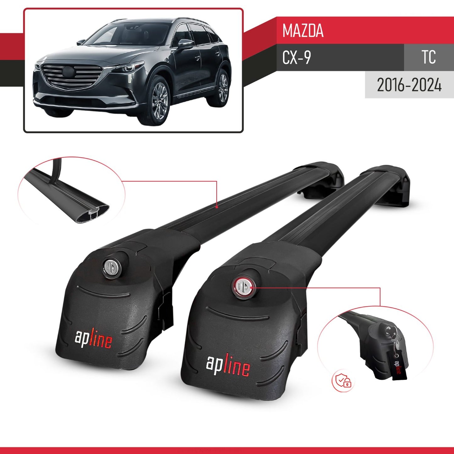 Compatible with Mazda CX-9 2016-2023 ACE-2 Car Roof Rack Cross Bar Black Aluminium 2 Bars