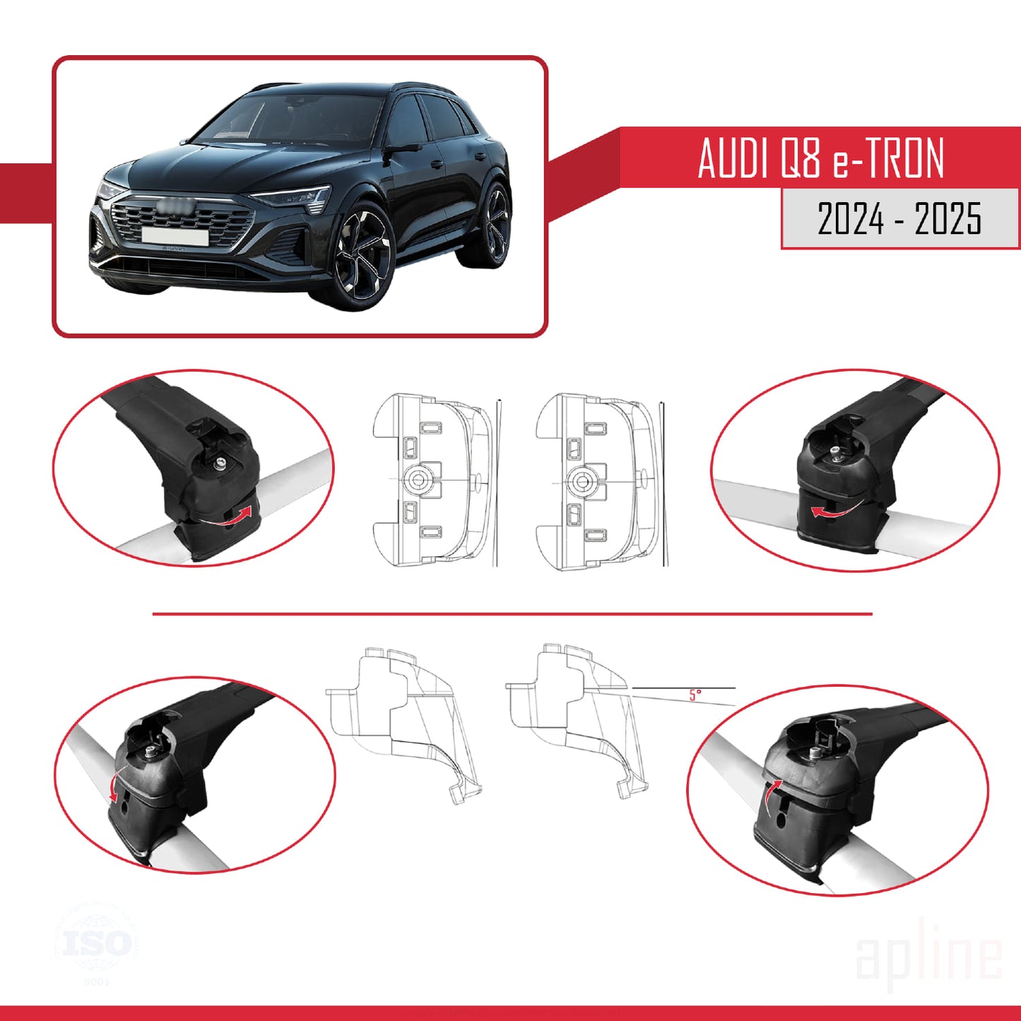 Compatible avec Audi Q8 e-Tron 2024-2025 ACE-2 Barres de Toit Railing Porte-Bagages de Voiture Noir Aluminium 2 Barres