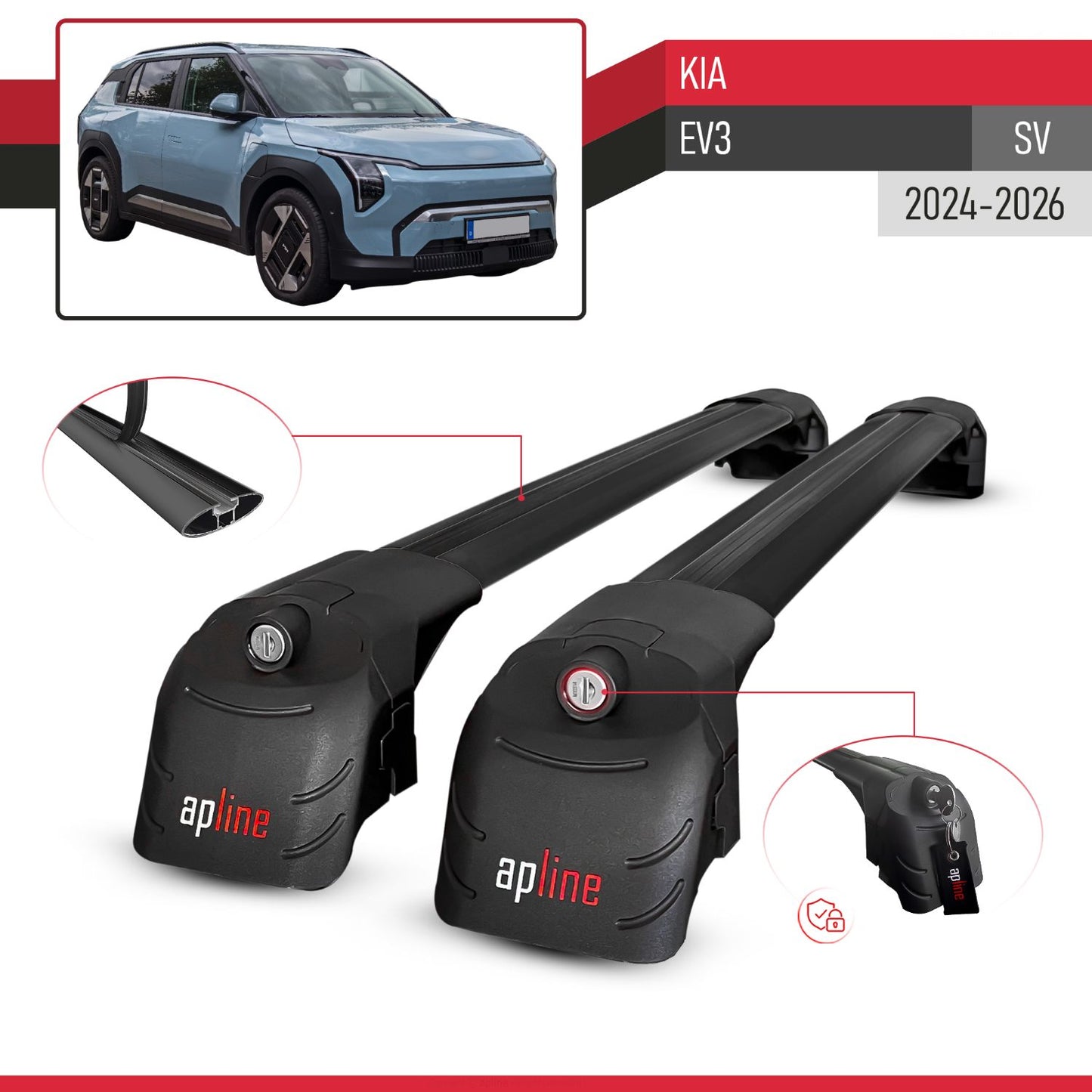 Compatible with Kia EV3 2024-2025 ACE-2 Car Roof Rack Cross Bar Black Aluminium 2 Bars