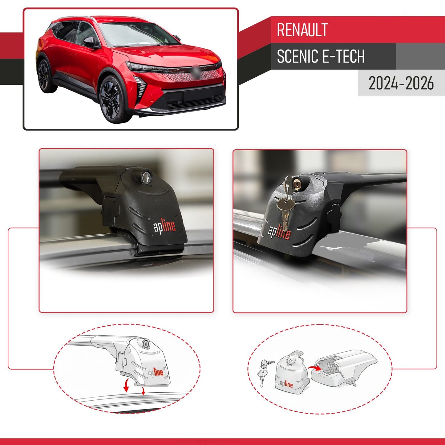 Compatible avec Renault Scenic E-Tech 2024-2026 ACE-2 modèle Barres de Toit Railing Porte-Bagages de Voiture Noir Aluminium Barres