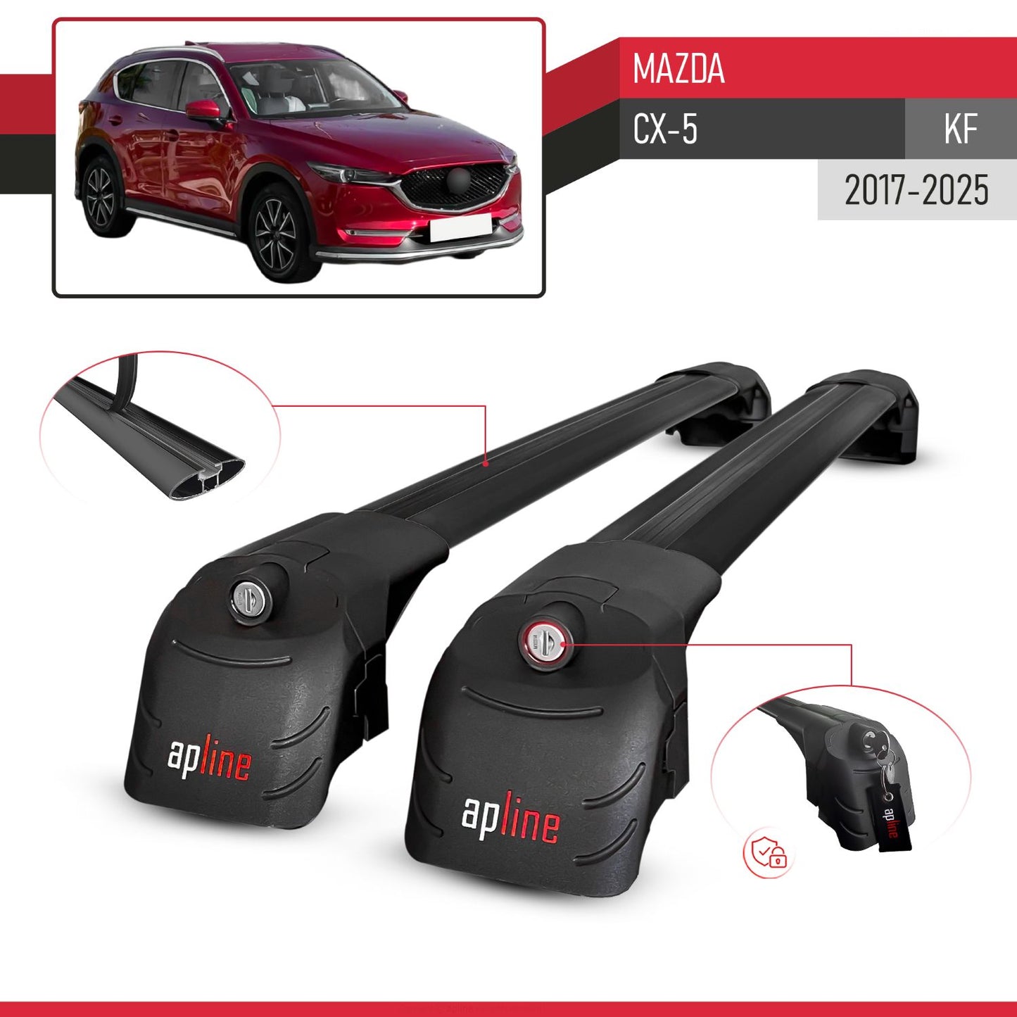 Compatible with Mazda CX-5 2017-2025 ACE-2 Car Roof Rack Cross Bar Black Aluminium 2 Bars